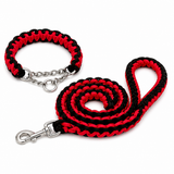 Red and black braided dog leash and half-check collar set on white background