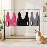 Pink black and gray dog grooming hammocks on a sturdy rack