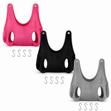 Dog grooming hammock in pink, black, and gray on white background