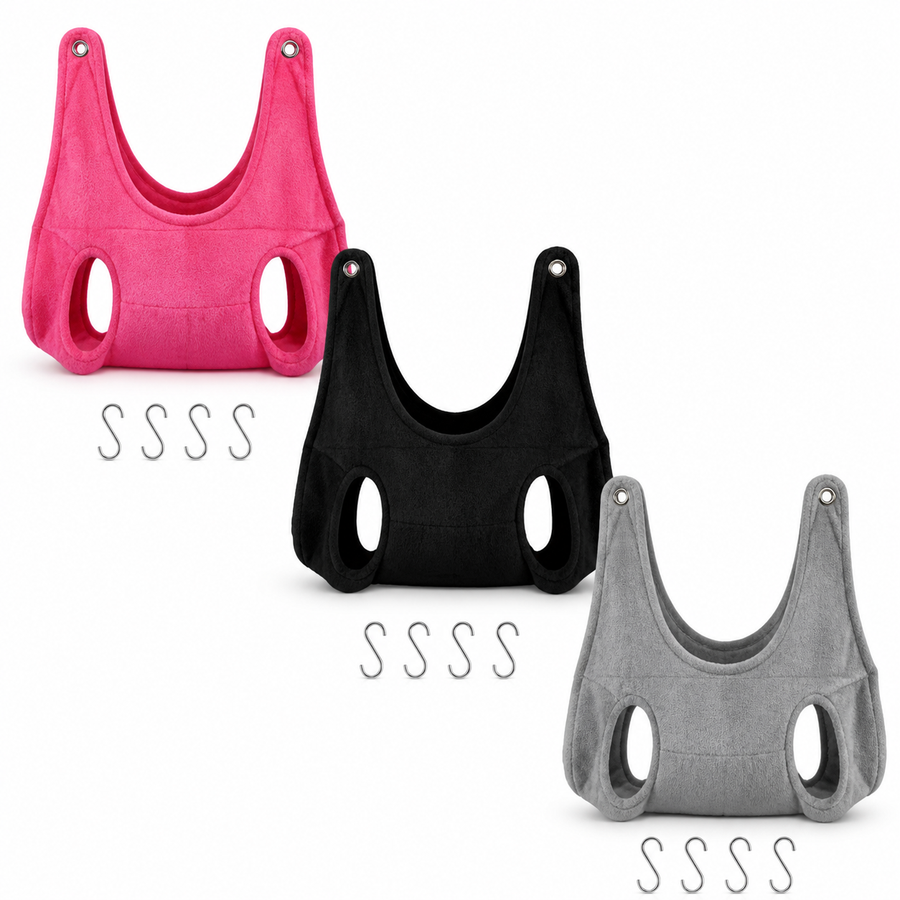 Dog grooming hammock in pink, black, and gray on white background