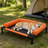 Dog resting on elevated camping cot outdoors