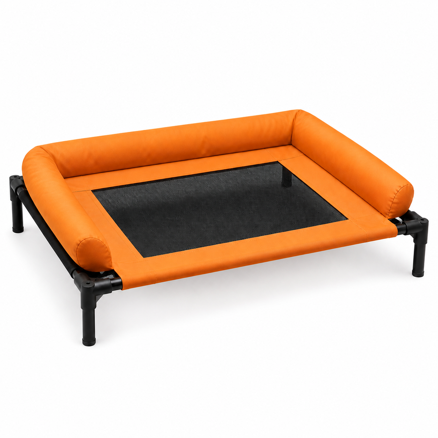 Orange elevated dog camping cot on pure white background